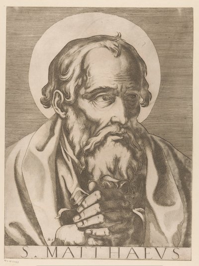 Sankt Matthæus S. Matthaeus (titel på objekt) Kristus, Maria og de tolv apostle (serietitel) Il sacrato collegio apostolico (serietitel) af Raffaello Schiaminossi