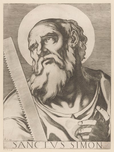 Sankt Simon Zelotes Saint Simon (titel på objekt) Kristus, Maria og de tolv apostelen (serietitel) The Sacred Apostolic College (serietitel) af Raffaello Schiaminossi