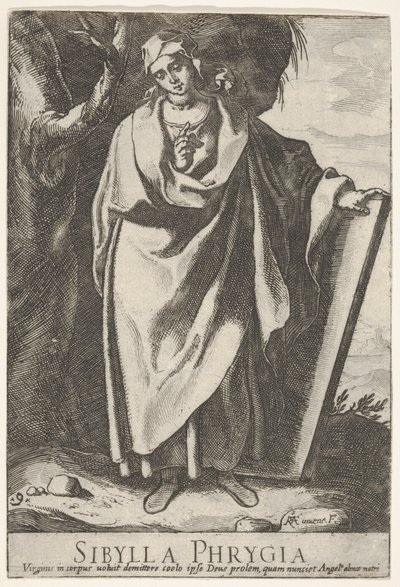 Plade 9: den frygiske sibylle, der holder toppen af en tablet med venstre hånd og peger mod..., 1609. af Raffaello Schiaminossi