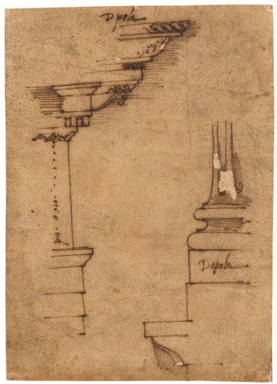 Design til en entablement og basen på en piedestal (pen og brunt blæk, på oliebehandlet kalkerpapir) af Raffaello da Montelupo