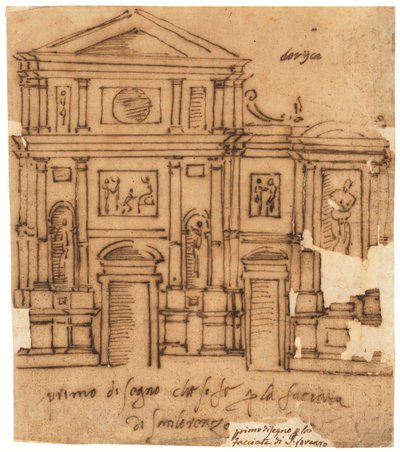Design til facaden på San Lorenzo, Firenze (pen og brunt blæk, på oliebehandlet kalkerpapir) af Raffaello da Montelupo