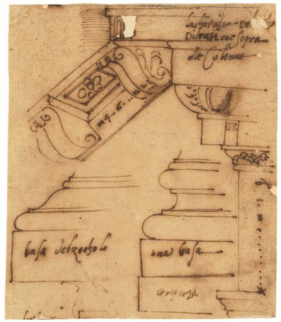 Skitser af forskellige elementer af Konstantinsbuen, Rom (pen og brunt blæk, på oliebehandlet kalkerpapir) af Raffaello da Montelupo