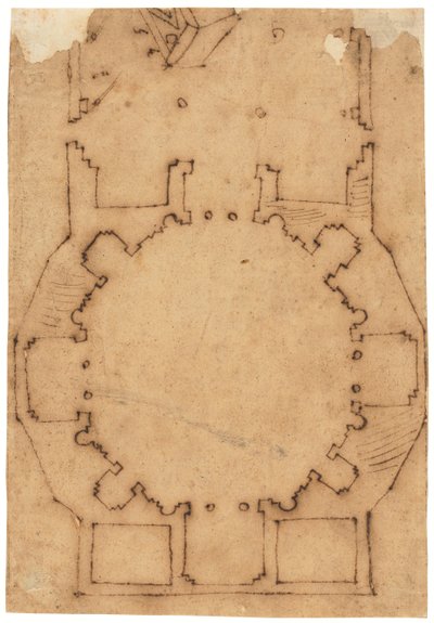 Grundplan af en kirke (pen og brunt blæk, på oliebehandlet kalkerpapir) af Raffaello da Montelupo