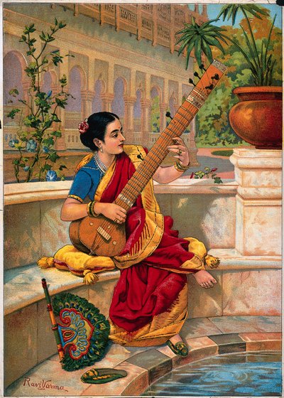 En siddende indisk kvinde spiller sitar ved siden af en havedam. af Raja Ravi Varma