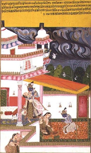 Folio 72. Krishna lokker Radha, mens en storm samler sig over hovedet, fra 