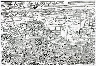 Detalje af London nord for byen fra Civitas Londinium (træbloktryk) af Ralph Agas