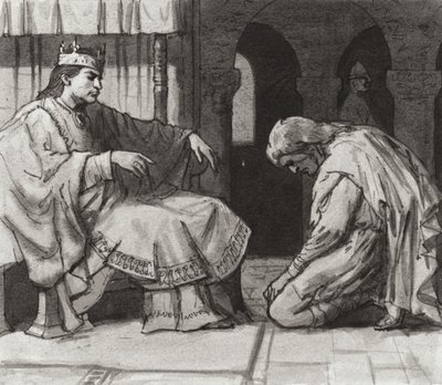 Walteof, jarl af Northumbria foran kong William I (gouache på papir) af Ralph Bruce