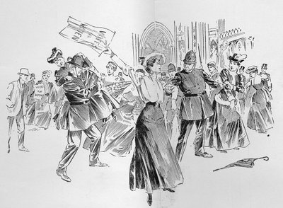 The Irrepressible Suffragettes Create a Diversion in the Lobby, fra en artikel med titlen "The Reassembling of Parliament", offentliggjort i "The Graphic", 27. oktober 1906 af Ralph Cleaver