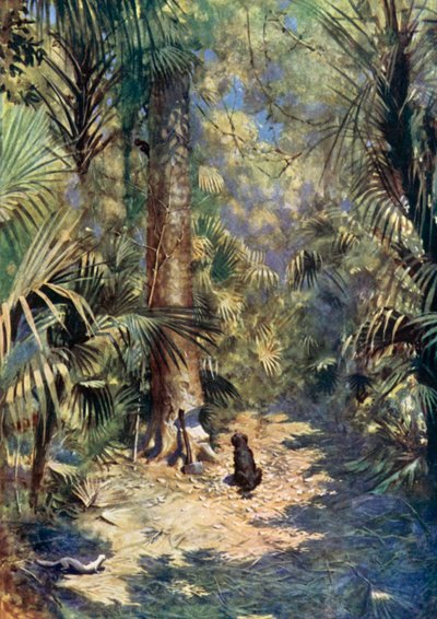 Illustration til Robinson Crusoe af Daniel Defoe (farve litho) af Ralph Noel Pocock