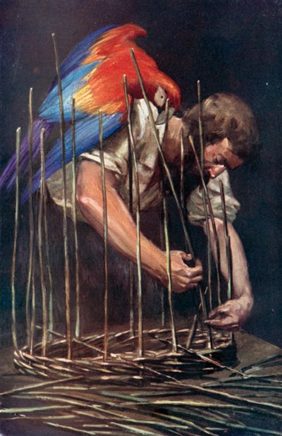 Illustration til Robinson Crusoe af Daniel Defoe (farve litho) af Ralph Noel Pocock
