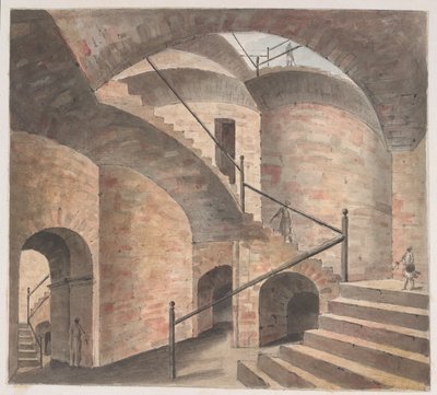 Indersiden af opiumsneden ved Patna, der viser en trappe, der stiger op på stadigt højere buer af Ram Sita