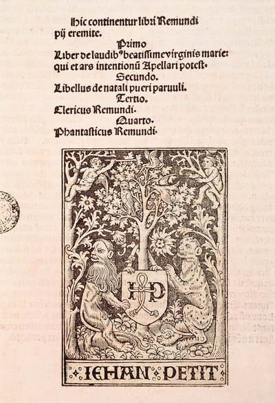 Side i kodeksen "De Laudibus Beatissimae Virginis Mariae" af Ramon Llull (1235-1315), der forestiller to løver, der holder våbenskjoldet af trykkeren Jehan Petit af Ramon Llull