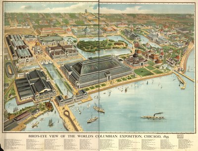Udsigt i fugleperspektiv over verdensudstillingen i Chicago, 1893. LOC 98687181 af Rand McNally and Company