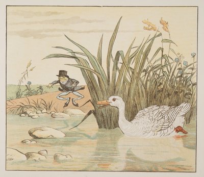 En liljehvid and kom og slugte ham, fra The Hey Diddle Diddle Picture Book, pub.1882 (farvegravering) af Randolph Caldecott