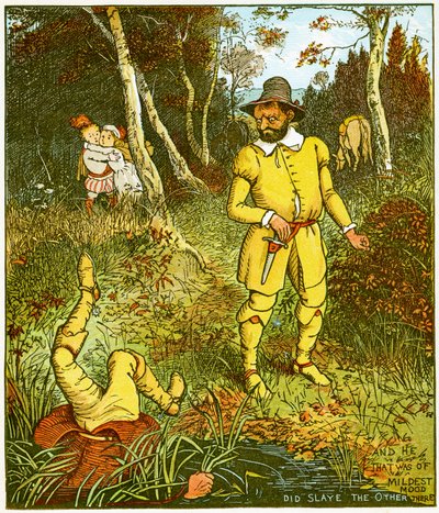 "Og den, der var af mildest humør, dræbte den anden der", illustration fra Babes in the wood af Randolph Caldecott