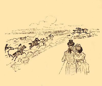 Tilskuere ser på, når John Gilpin jages på tværs af landet, 1878, c1918. af Randolph Caldecott