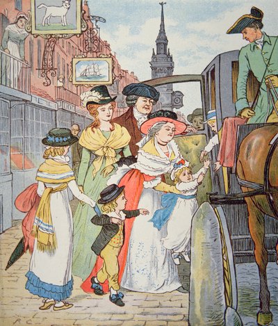 Familieliv i kolonitidens Amerika - Gadescene i Boston (akvarel på papir) af Randolph Caldecott