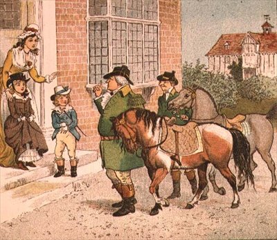 Illustration fra "Ride-a-cock-horse to Banbury Cross" (Heste til børnene) af Randolph Caldecott