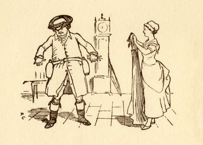 John Gilpin sætter vinflasker på sit bælte, 1878, c1918. af Randolph Caldecott
