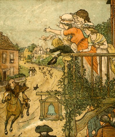 John Gilpin galopperer forbi Bell Inn, mens hans kone og børn vinker fra balkonen, 1878, c1918. af Randolph Caldecott