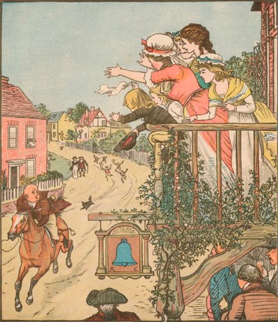 John Gilpin galopperer forbi Bell Inn, mens hans kone og børn vinker fra balkonen, 1878, c1918. af Randolph Caldecott