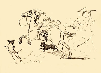 John Gilpin bliver jagtet af hunde, da hans hest galoperer ud af kontrol, 1878, c1918. af Randolph Caldecott