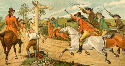 John Gilpin på sin boltrende hest bliver jagtet af forbipasserende, 1878, c1918. af Randolph Caldecott