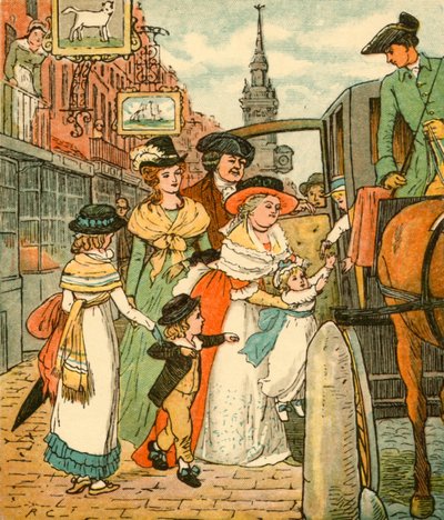 John Gilpin ser sin familie af sted i en chaiselong, 1878, c1918. af Randolph Caldecott