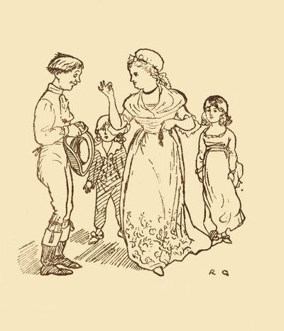 Fru Gilpin betaler postdrengen for at finde sin mand, 1878, c1918. af Randolph Caldecott