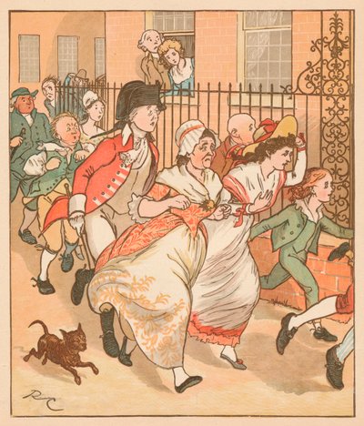 Naboer skynder sig for at hjælpe den gode mand fra Islington, c1879. af Randolph Caldecott