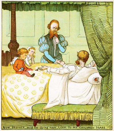 "Nu, bror, sagde den døende mand, se til mine børn kære", illustration fra Babes in the wood af Randolph Caldecott