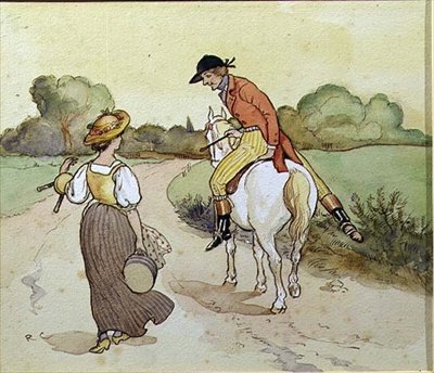 "Skal jeg gå med dig, min smukke pige?", illustration fra "The Milkmaid" (akvarel på papir) af Randolph Caldecott