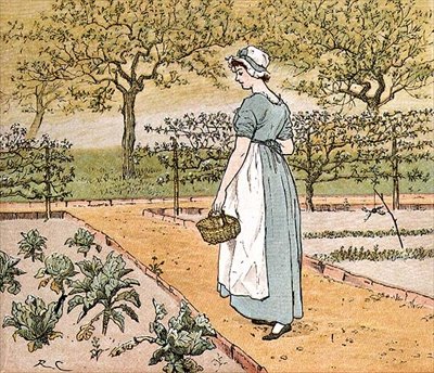 "Hun gik ud i haven for at skære et kålblad af til en æblekage", illustration fra "The Great Panjandrum Himself" (farvestik) af Randolph Caldecott