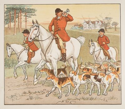 The Huntsman Blows his Horn, fra The Hey Diddle Diddle Picture Book, pub.1882 (farvegravering) af Randolph Caldecott