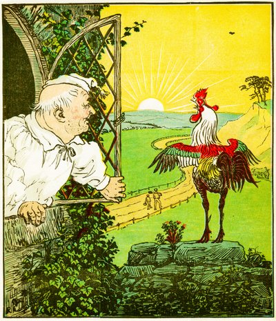 "Dette er hanen, der galede om morgenen, der vækkede dommeren, barberet og klippet", illustration fra The House that Jack Built af Randolph Caldecott