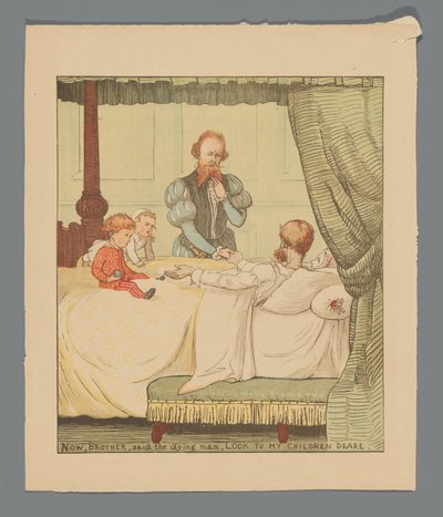 Zwei Kinder und ein Mann an einem Krankenbett af Randolph Caldecott