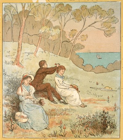 To kvinder og en mand, der sidder i en lysning nær kysten. af Randolph Caldecott