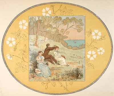 To kvinder og en mand sidder i en lysning nær kysten. Blomsterkant. af Randolph Caldecott
