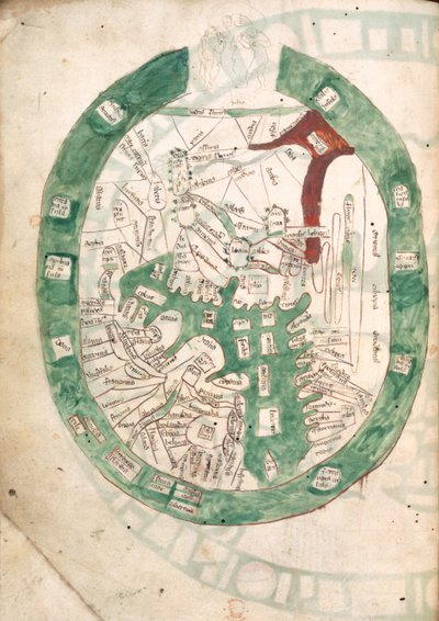 Kort over verden, f.2v fra Polychronicon, ca. 1400 (vellum) af Ranulf Higden