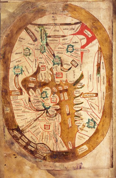 Ms.89 Higden fol.13v Verdenskort (blæk på vellum) af Ranulf Higden