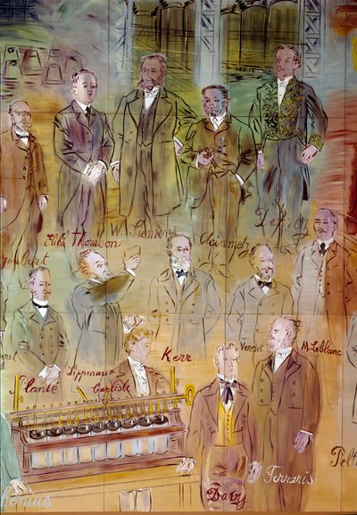 La Fee Electricite, detalje: Portrætter af forskellige intellektuelle og videnskabsfolk: Jules Francois Joubert, Elihu Thomson, Ernst Werner Siemens, Charles Proteus Steinmetz, Marcel Deprez, Gaston Plante, Gabriel Lippmann, John Kerr, Maurice Leblanc, Hum af Raoul Dufy
