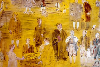 La Fee Electricite, detalje: Portrætter af forskellige videnskabsmænd: Henry Cavendish, Le Monnier, Franz Aepinus, Denis Papin, Joseph Priestley, Luigi Galvani, Carl Friedrich Gauss, Simeon-Denis Poisson, Pierre Simon de Laplace og Charles de Coulomb. 1937 af Raoul Dufy