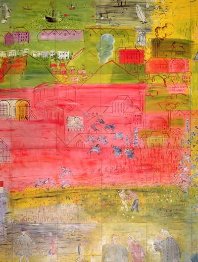 La Fee Electricite, detalje fra højre side, der viser en havn og fabrikker af Raoul Dufy