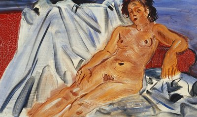 Liggende nøgen på rød sofa; Nu Couche sur Canape Rouge af Raoul Dufy