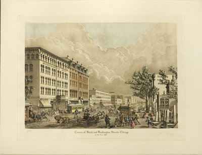 Corner of State og Washington Streets, Chicago, i år 1865 af Raoul Varin
