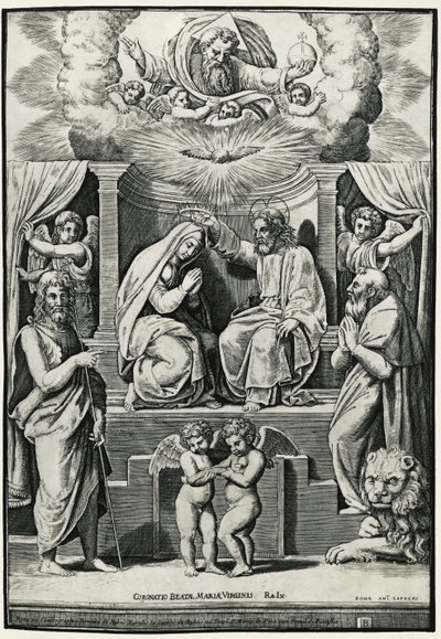 Kroning af Jomfru i nærværelse af Johannes Døberen og Sankt Hieronymus af Raphael (1483 1520) (after)