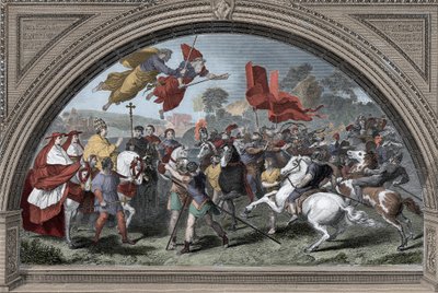 Repræsentation af pave Leon I sagde den Store (390-461) mod lederen af hunnerne Attila (ca. 395-453) i 452 i Mantua - barbariske invasioner - (pave Leo I det store møde med hunnerkongen Attila i 452) (efter Raphael) af after Raphael