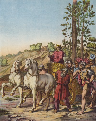 Herodes den Store bliver konge af Judæa som en vasal af romerne (farve litho) af after Raphael