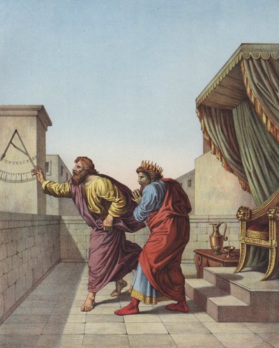 Esajas fortæller kong Ezekias af Juda, at han vil leve femten år mere (farve litho) af after Raphael