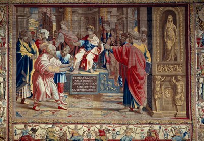Apostlen Peter og Pauls liv: "" straffen for Barjesu (Elymas) jødiske tryllekunstner, der modsatte sig Paulus og var midlertidigt blind""" Scenen foregår foran den romerske prokonsul Lucius Sergius Paulus og Sankt Barnaba. Du kan se inskriptionen i af after Raphael